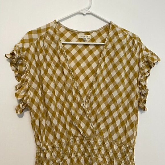 MAX STUDIO Smocked Waist Flutter Sleeve Blouse Mustard Yellow White Gingham Boho - Picture 4 of 14